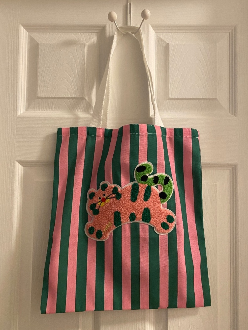 Fuzzy Cat Stripe Tote Bag-Pink & Green Tufted Cat Appliqué